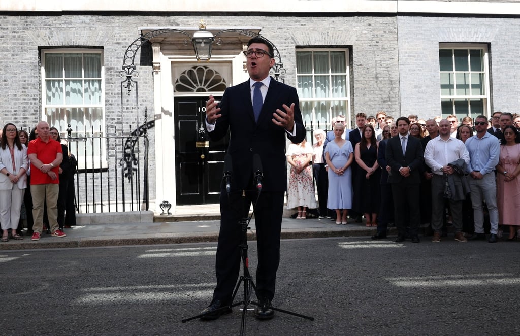 New British Prime Minister Andy Burnham delivers a speech outside 10 Downing Street in London on Monday. Photo: EPA