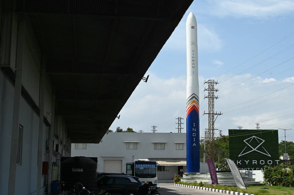 A Vikram-1 orbital rocket model seen at Skyroot Aerospace’s facility on the outskirts of Hyderabad, India. Photo: AFP