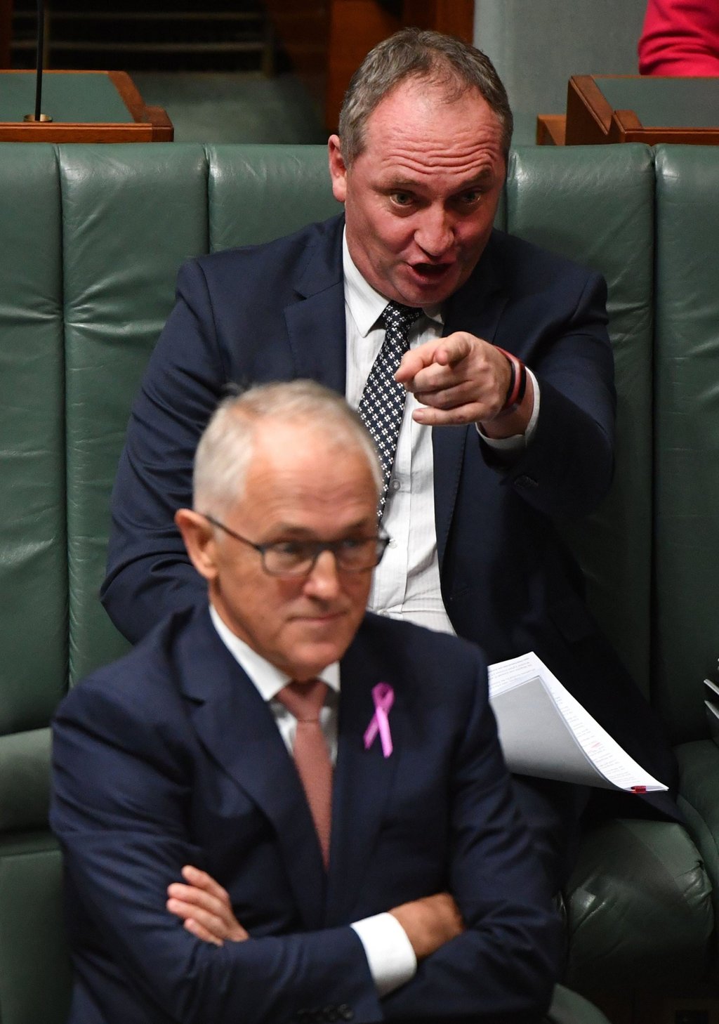 Then Australian prime minister Malcolm Turnbull (front) and deputy prime minister Barnaby Joyce take questions in the House of Representatives on February 15, 2018. Photo: EPA-EFE