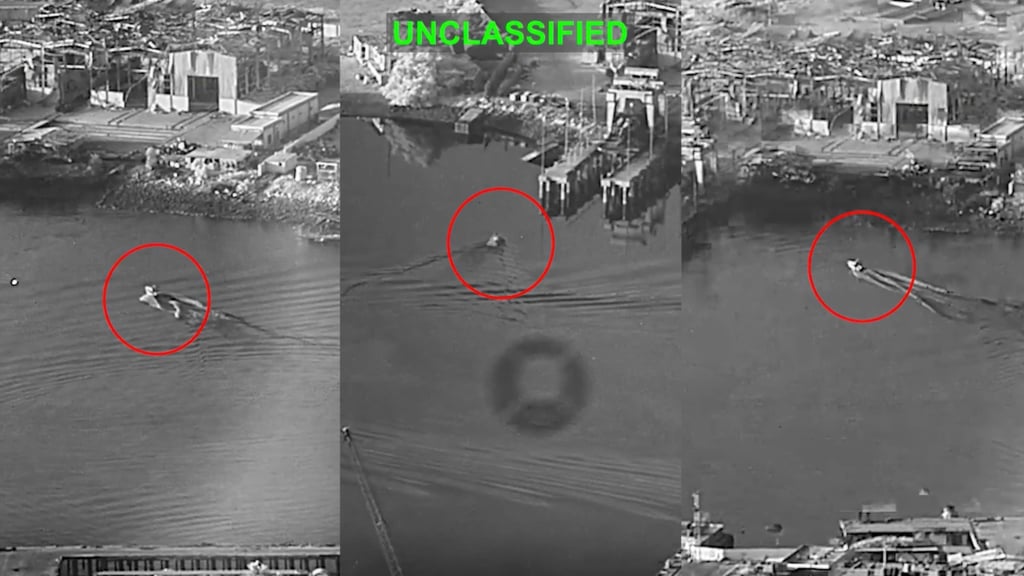 This combination of annotated images from video released by US Central Command is said to show three Corsair unmanned surface vessels closing in on Iran’s Bandar Abbas naval base on July 12. Photo: AP