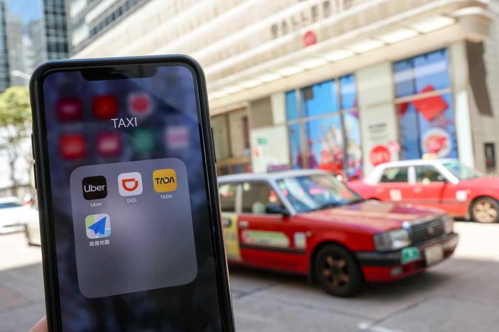 Ride-hailing apps seen in a mobile phone as a local taxi drives past in Tsim Sha Tsui, Hong Kong on August 29, 2025. Photo: Jelly Tse