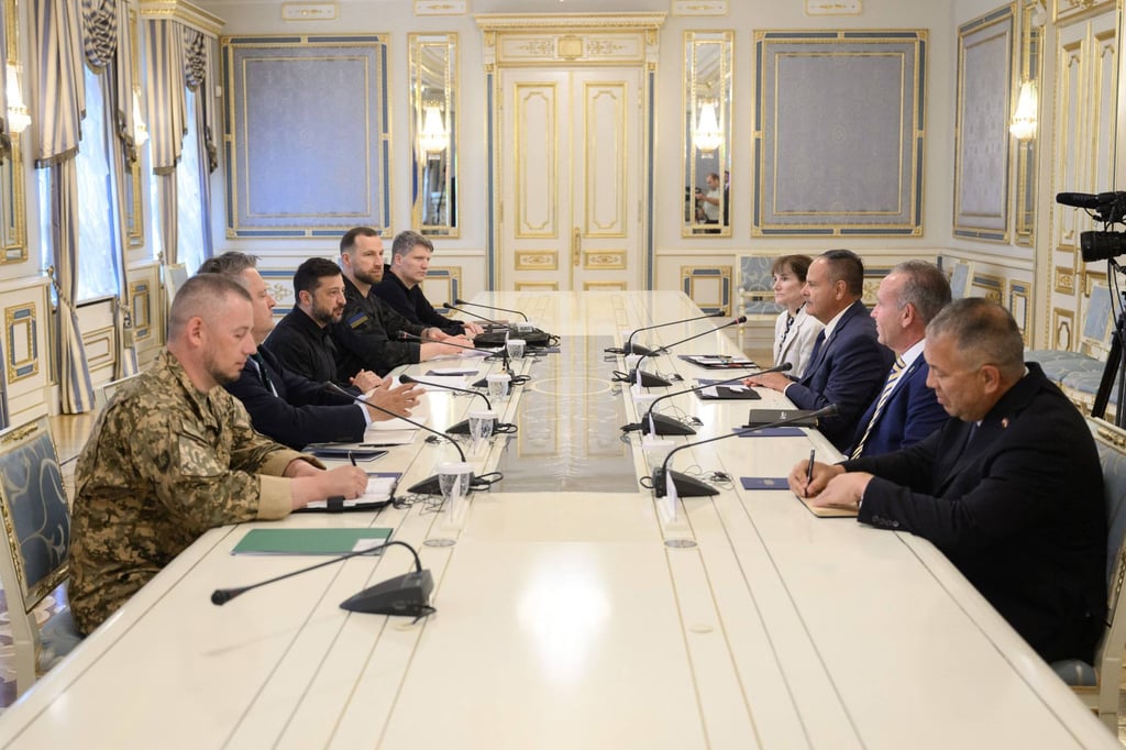 Ukraine’s President Volodymyr Zelensky (3rd left) attends a meeting with a delegation from US company Raytheon in Kyiv on Thursday. Photo: Handout via Ukrainian Presidential Press Service