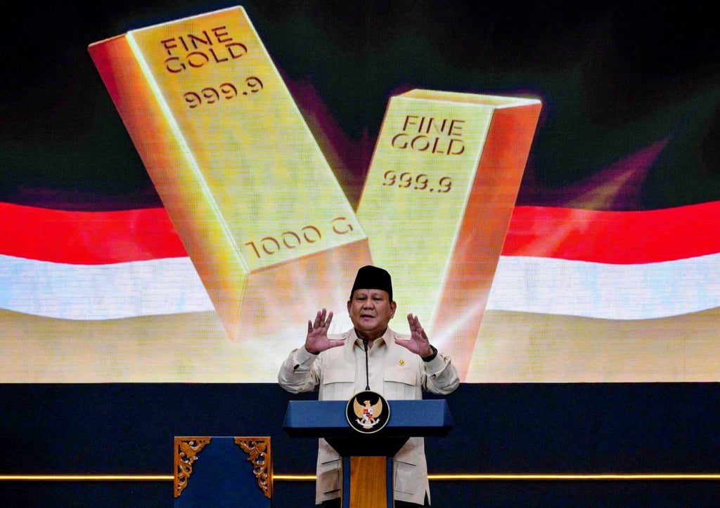 Indonesia’s President Prabowo Subianto delivers a speech during the inauguration of a bullion banking service in Jakarta last year. Photo: AFP