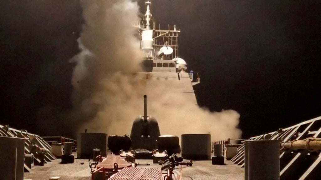 A US warship fires missiles in March last year after Donald Trump ordered military strikes against Yemen’s Iran-aligned Houthis. Photo: US Central Command/Reuters