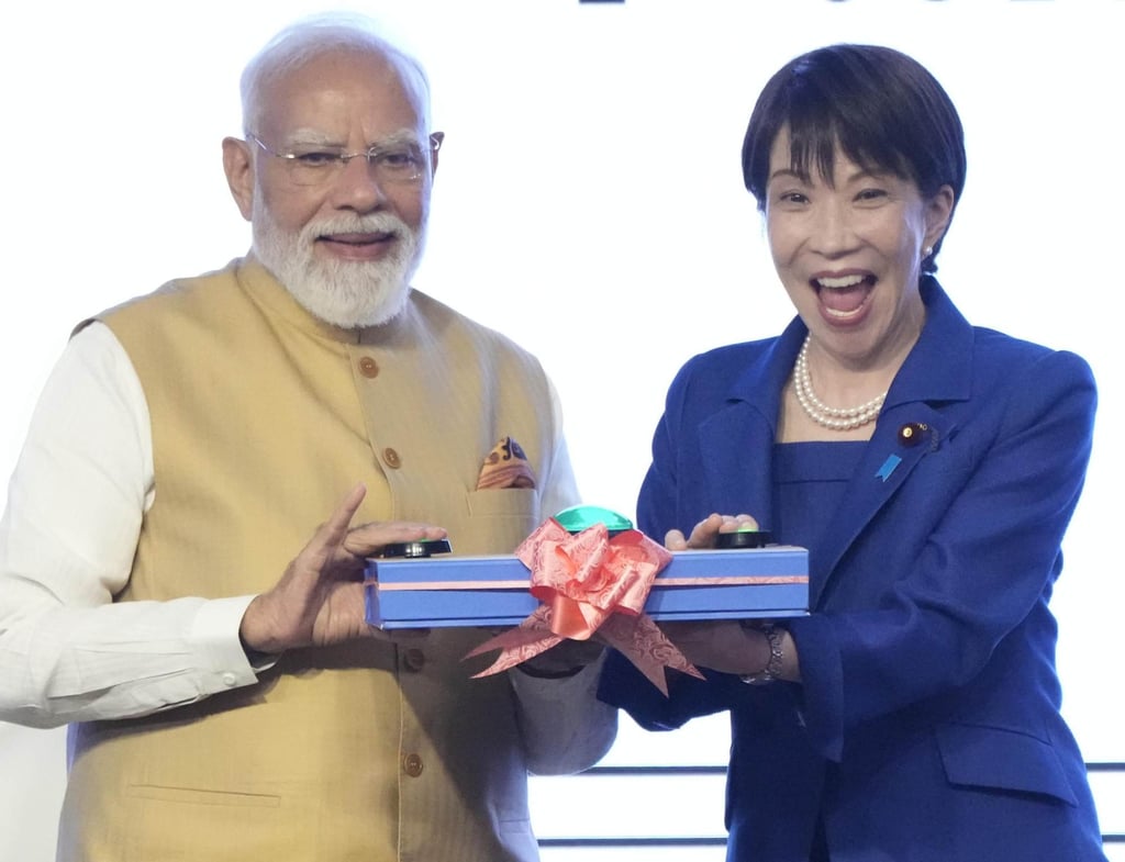Japanese Prime Minister Sanae Takaichi and Indian Prime Minister Narendra Modi attend an economic forum in New Delhi on July 2. Photo: Kyodo