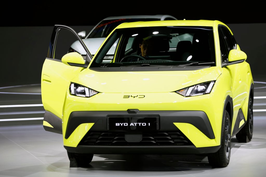 A BYD Atto 1 electric car on display at the Bangkok International Motor Show in Nonthaburi in March. Photo: EPA
