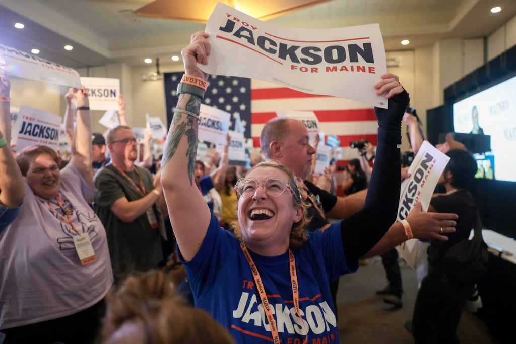 Delegates cheer as Troy Jackson is announced as their US Senate nominee in Bangor, Maine, on Saturday. Photo: AFP