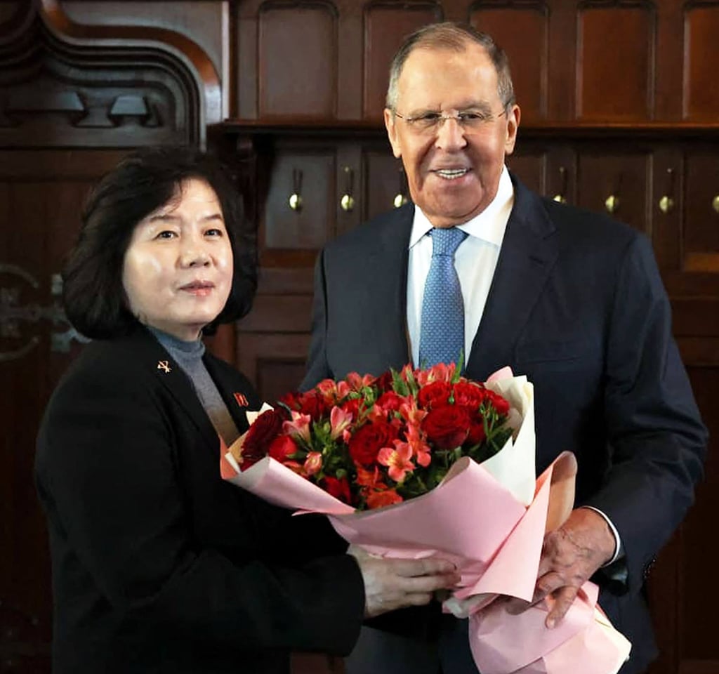 Russia’s Foreign Minister Sergey Lavrov (right) welcomes North Korea’s Foreign Minister Choe Son-hui ahead of a meeting in Moscow on Monday. Photo: Russian Foreign Ministry/AFP