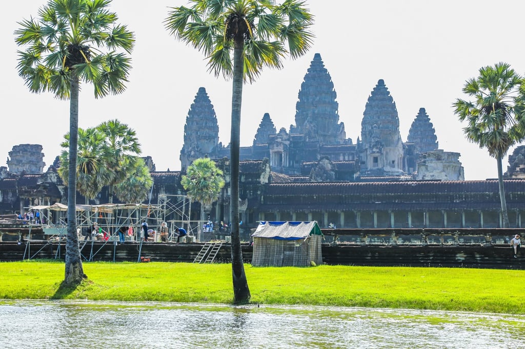 Quieter times: restoration work is seen at the Angkor Wat temple complex in Siem Reap province, Cambodia, on July 20. Photo: ANA/Xinhua