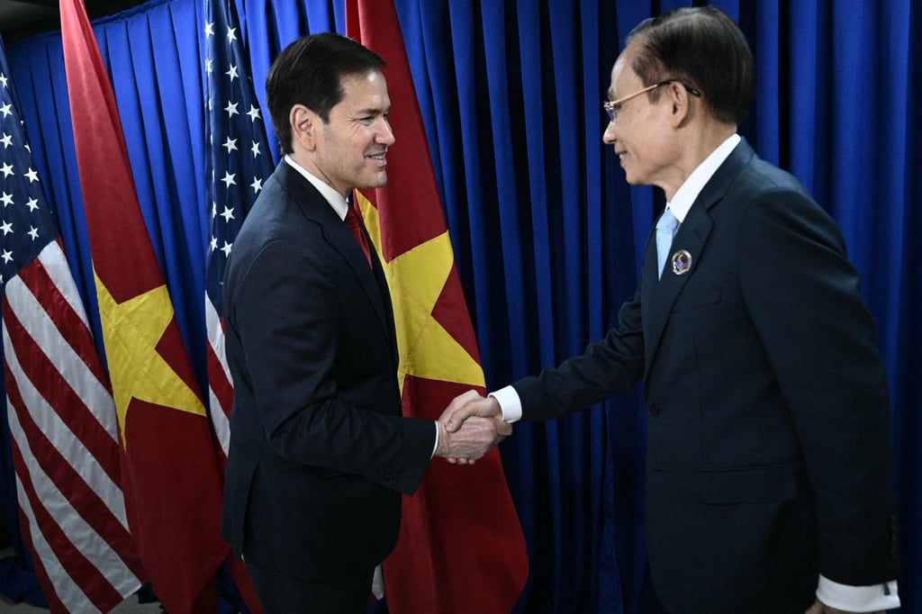 US Secretary of State Marco Rubio shakes hands with Vietnam’s Foreign Minister Le Hoai Trung before a meeting on the sidelines the Asean Foreign Ministers’ Meeting in the Philippines on Thursday. Photo: AFP