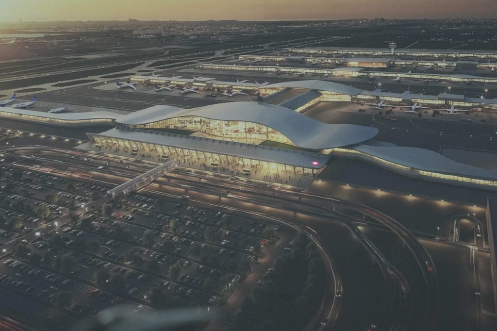 A rendering of the planned renovation of Washington Dulles International Airport is seen in the Oval Office on Wednesday. Photo: AFP