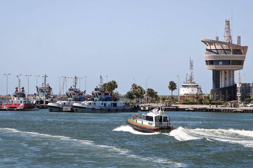 The control tower of the Mediterranean port of Damietta in Egypt on Thursday, a day after a drone strike on gas vessels there. Photo: Damietta Port Authority / AFP