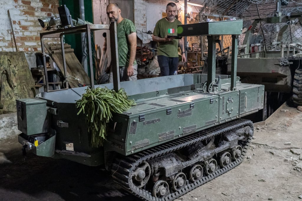 Ukrainian soldiers of Khartia brigade prepare a ground drone for a mission in Kharkiv region, Ukraine. Photo: AP