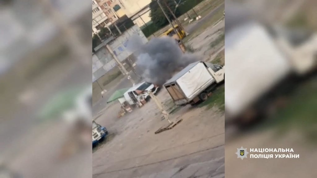 Footage released on Tuesday shows an explosion after a man selling vegetables in Kherson, Ukraine, is chased by a remotely piloted drone. Photo: National Police of Ukraine via AFP