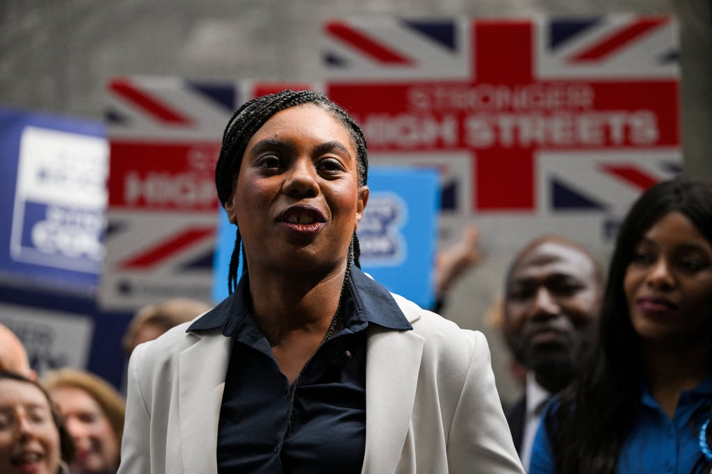 Britain’s Conservative Party leader Kemi Badenoch speaks to the press outside Westminster City Hall in London in May. Photo: Reuters