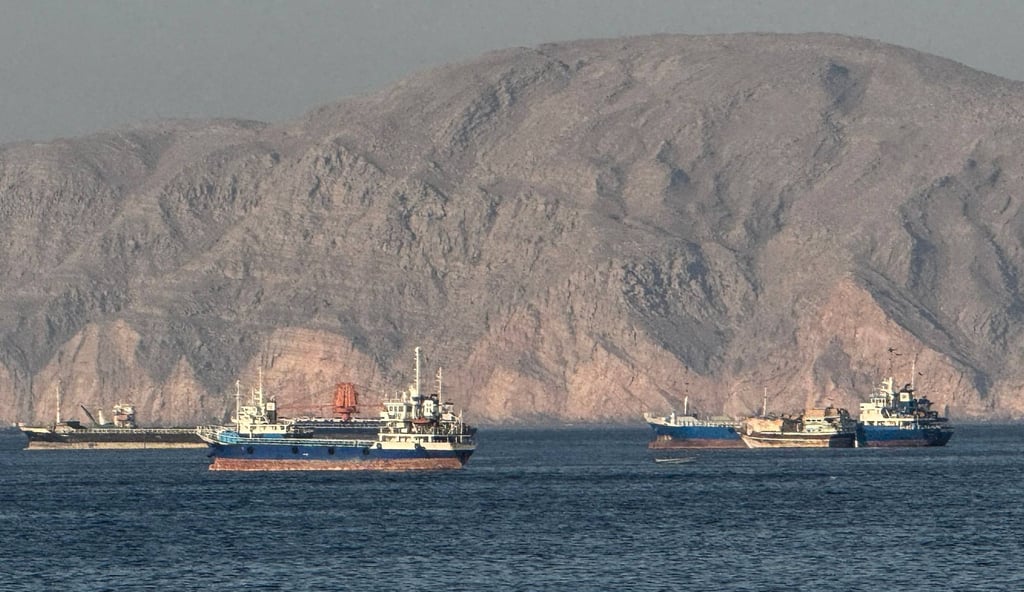 Vessels anchored in the Strait of Hormuz off Oman’s port city of Khasab on May 17. Photo:AFP
