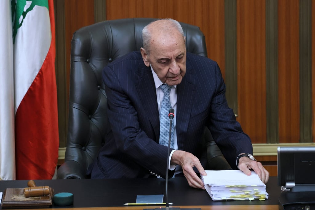 Lebanese Parliament Speaker Nabih Berri opens the parliamentary session to discuss the abolition of the death penalty in Beirut, Lebanon, on Tuesday. Photo: EPA
