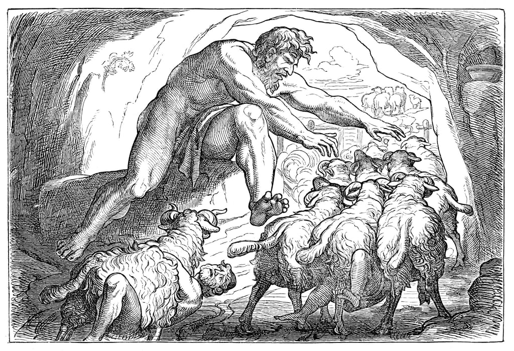 Odysseus famously fooled the Cyclops Polyphemus after he and his men stole his food and drink; they escaped by tying themselves to the bellies of the sheep leaving the cave. Illustration: Getty Images