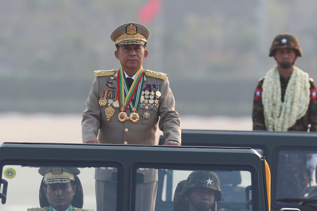 Min Aung Hlaing, then head of the military council, attends a parade to commemorate Myanmar’s Armed Forces Day in Naypyitaw in 2023. Photo: AP