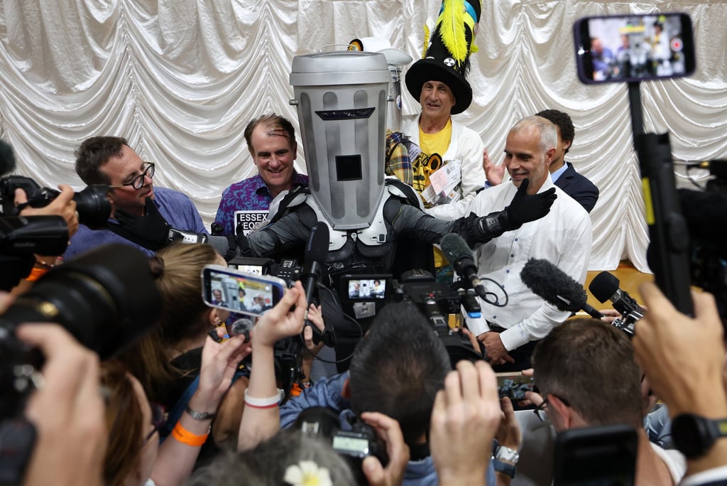 Count Binface celebrates his second place finish following the Clacton by-election count on Friday. Photo: EPA