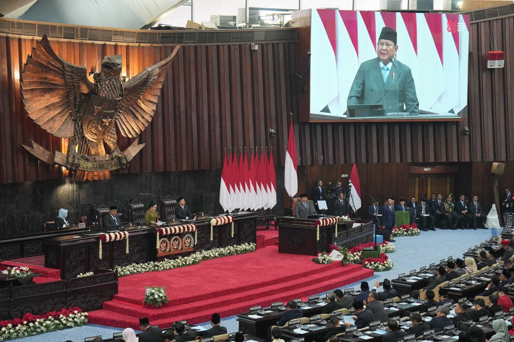 Indonesian President Prabowo Subianto delivers his annual State of the Nation Address ahead of the country’s Independence Day at the parliament building in Jakarta, Indonesia, on Friday. Photo: AP