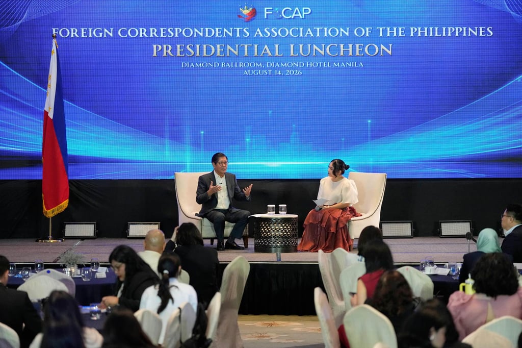 Philippine President Ferdinand Marcos Jnr answers questions at a Foreign Correspondents Association of the Philippines lunch on Friday. Photo: AP