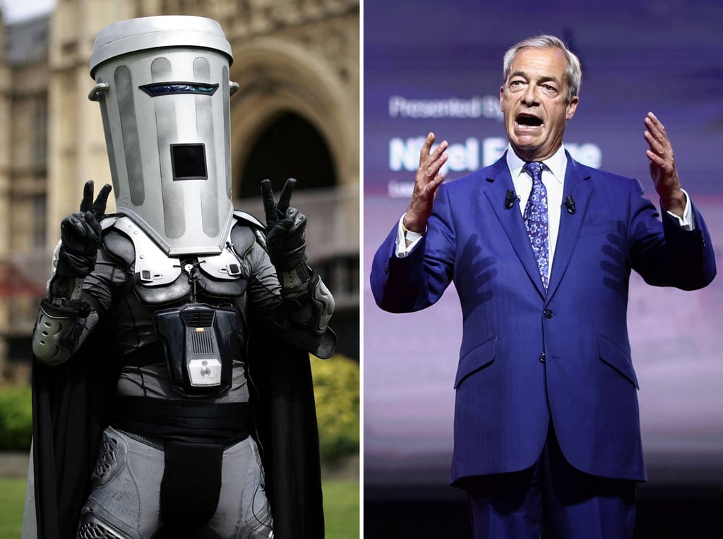 Then-London mayoral candidate Count Binface (left) and Reform UK leader Nigel Farage. Count Binface, a figure created by comedian Jonathan Harvey, has become a fixture of fun at British elections. Photo: AFP