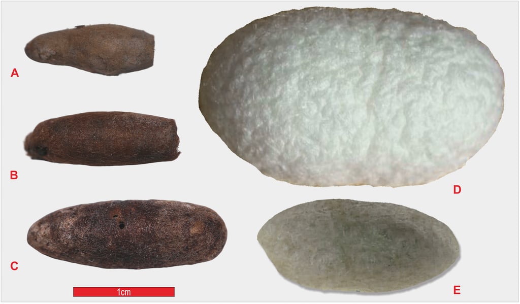A comparative analysis of ancient silkworm cocoons discovered at the Sapalli Tepe site, a significant Bronze Age archaeological location in southern Uzbekistan. Photo: X. Zhou/IVPP, CAS