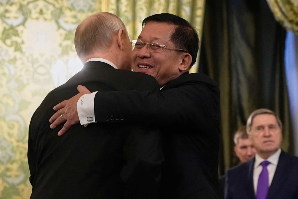 Myanmar’s Min Aung Hlaing embraces Russian President Vladimir Putin at the Kremlin in Moscow in March 2025. Photo: AFP