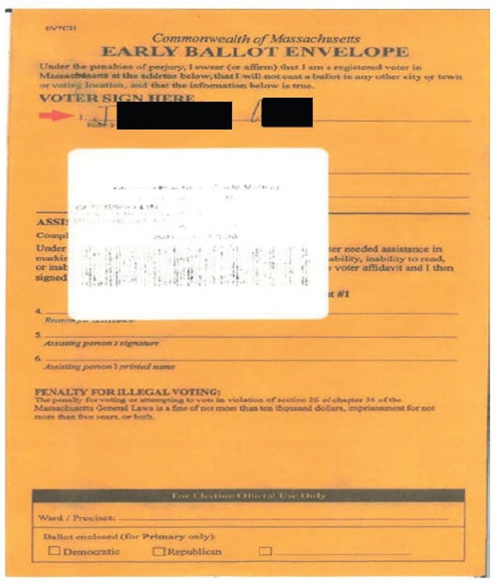 In an image from the court indictment, Yupeng Sun submitted an early voting ballot at Malden City Hall for the 2024 US presidential election. Photo: Handout