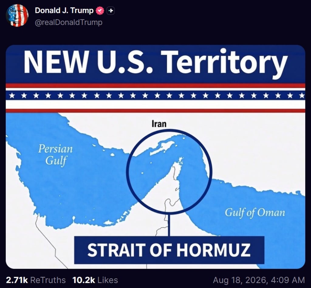 A map showing the Strait of Hormuz, with the title “New US Territory”, was posted on US President Donald Trump’s social media account on Tuesday. Image: Truth Social/realDonaldTrump
