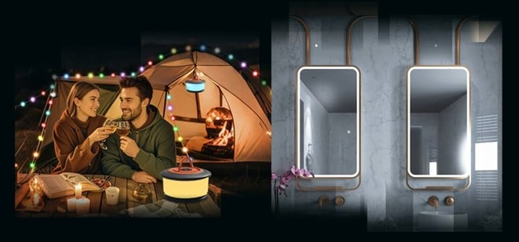 (Left) Camping String Lights - Guangdong Jishengke Industrial Co., Ltd 3E-E08 ; (Right) LED Fog Bathroom Mirror - Zhongshan Houseton Lighting Co., Ltd. 3E-E07