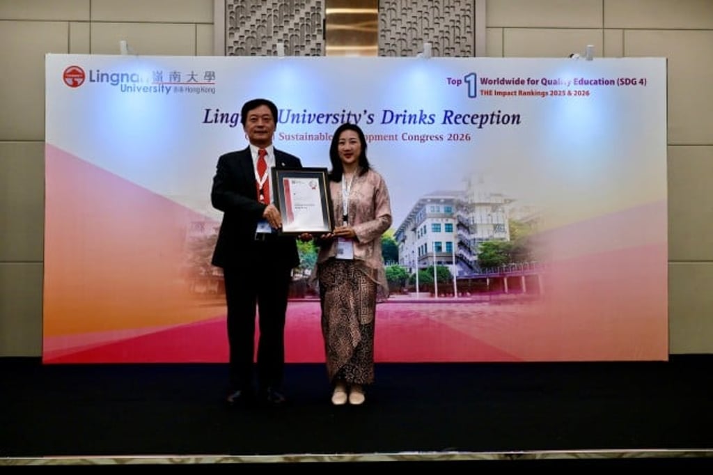 Lingnan University’s overall ranking in the THE Sustainability Impact Ratings surged from the 101st - 200th band last year to 63rd place globally—breaking into the top 100 for the first time. From left: Prof S. Joe Qin, President and Wai Kee Kau Chair Professor of Data Science of Lingnan University, Ms Lim Mei-mei, THE President for APAC region.