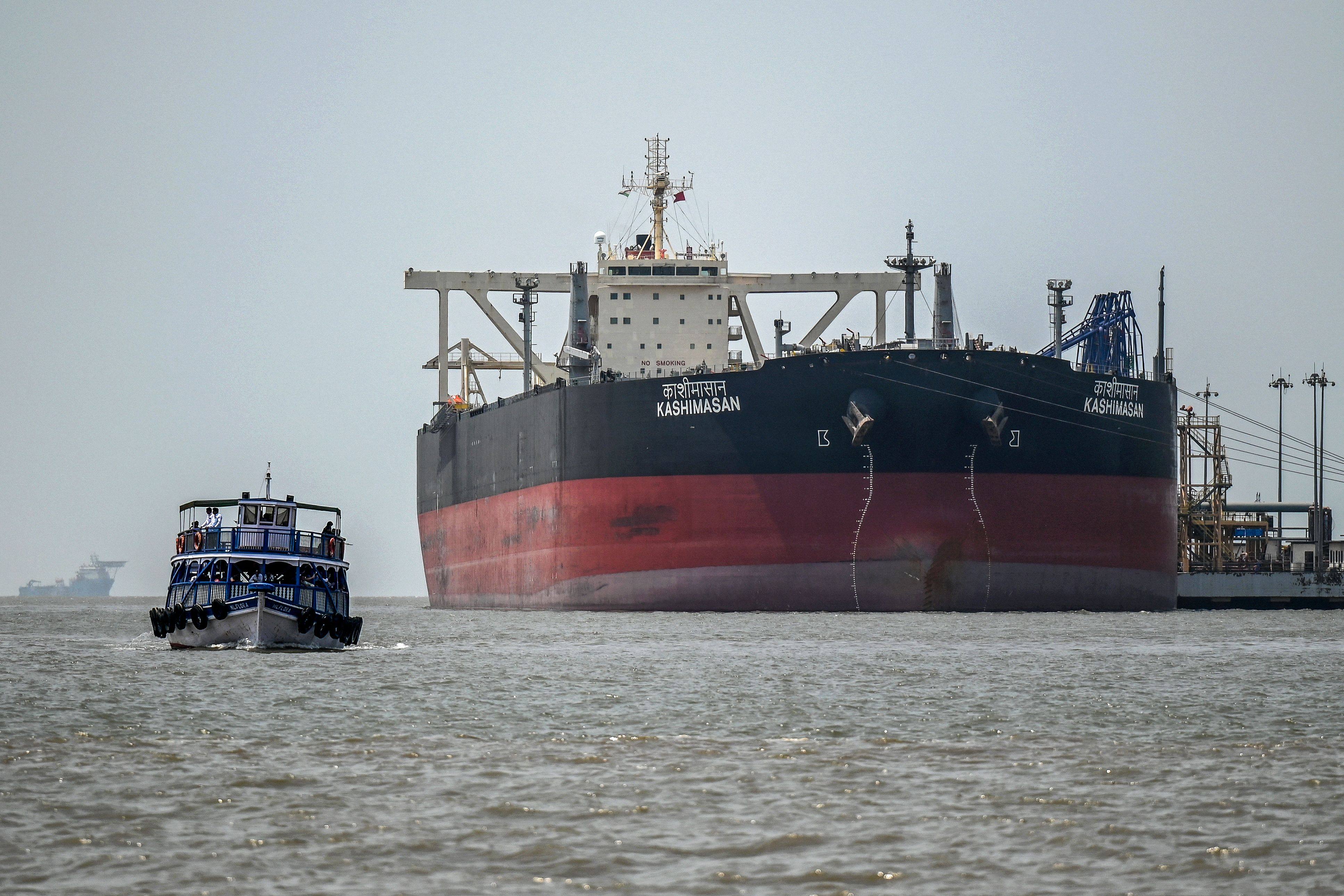Indian-flagged oil tanker Kashimasan, docked near an offloading terminal at Butcher Island, near Mumbai, on April 1. Photo: AFP
