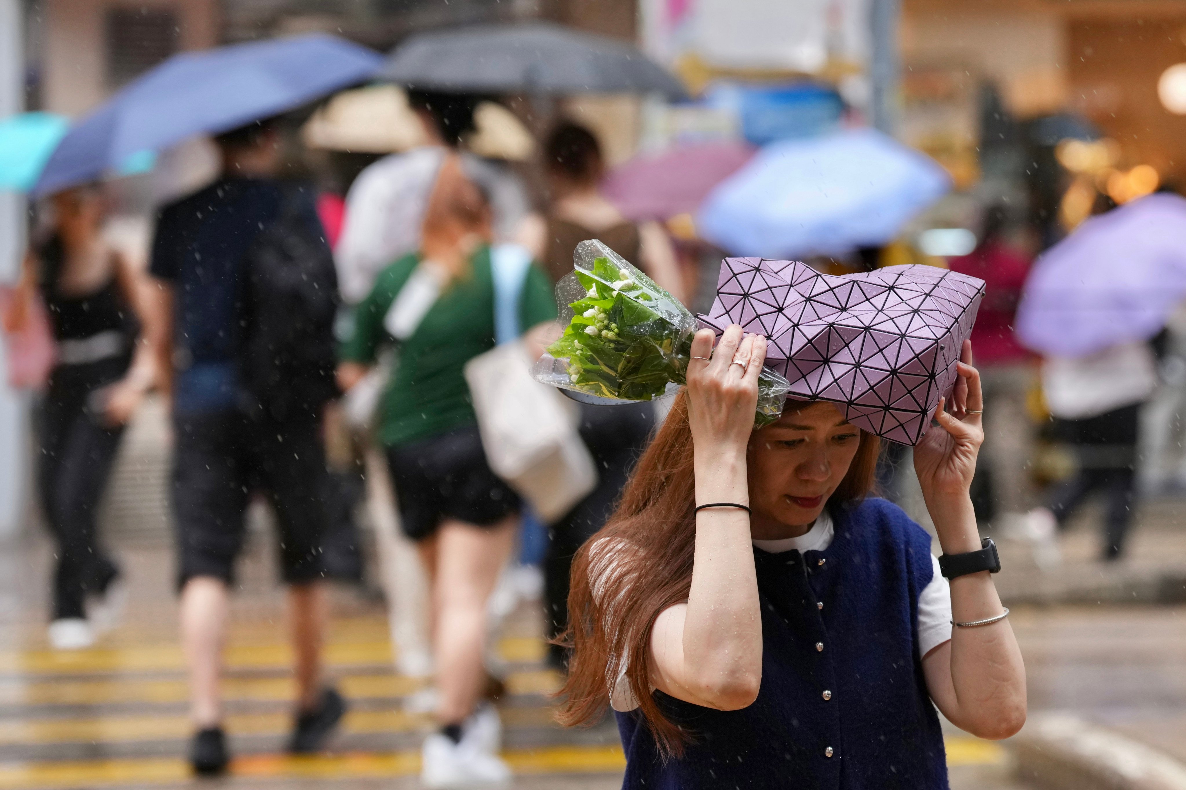 A pedestrian shields herself from rainfall in Wan Chai in early June. Photo: Karma Lo