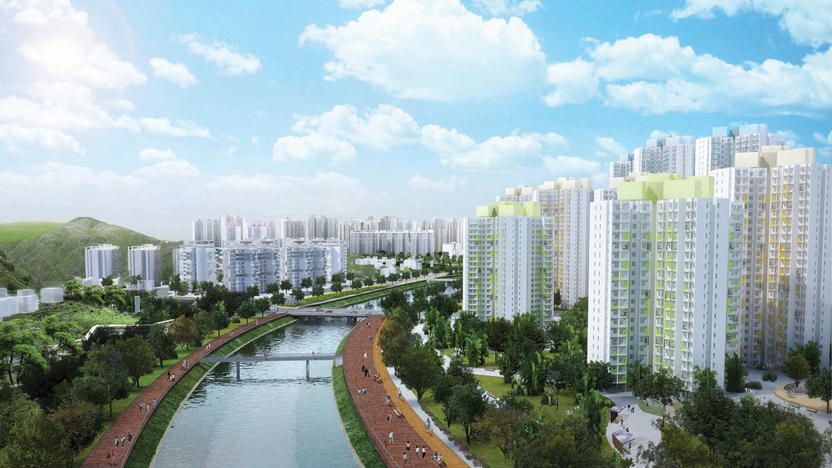 An artist's impression of the Fanling North New Development Area. Estates located near rivers will feature waterfront elements and integrate with the riverside environment. Photo: CEDD