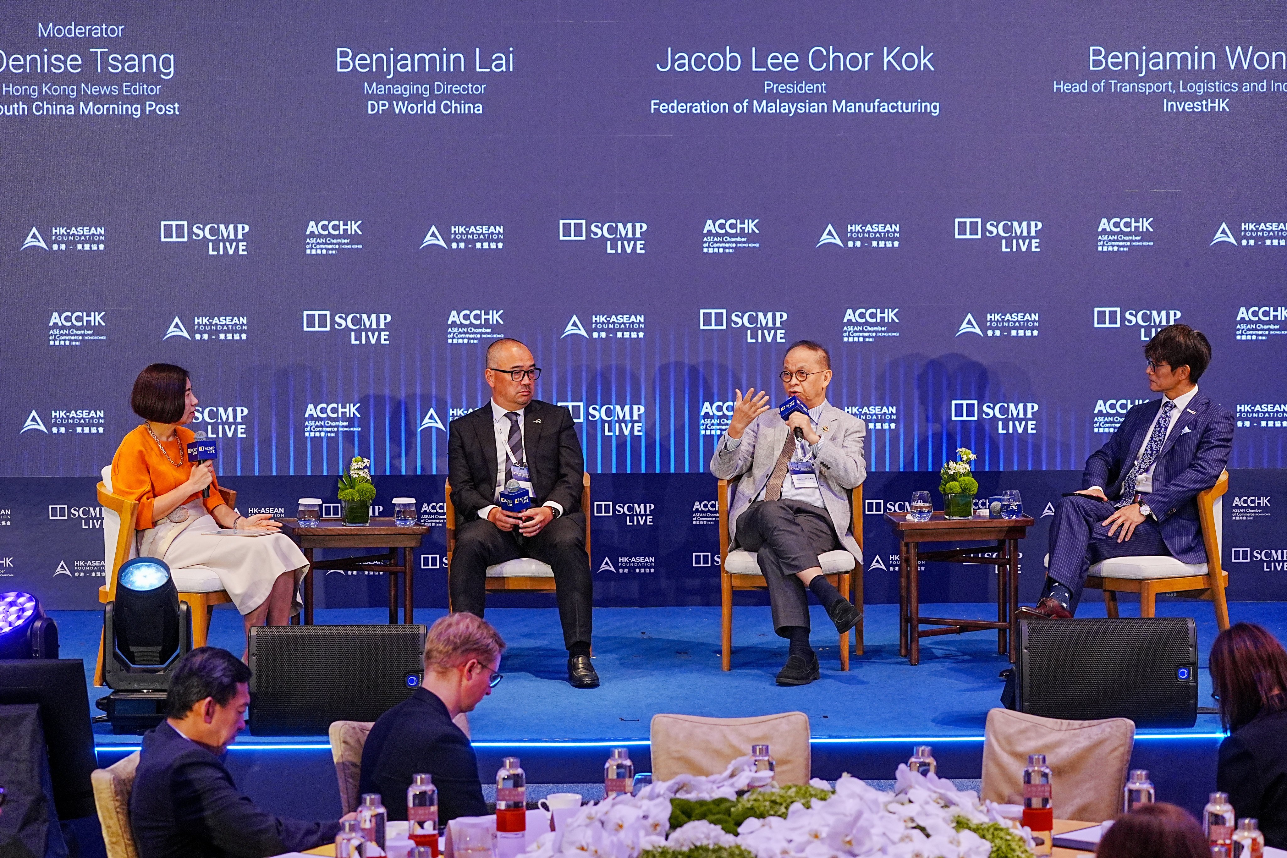 (From left) Denise Tsang of the South China Morning Post moderates a panel featuring Benjamin Lai of DP World, Jacob Lee of the Federation of Malaysian Manufacturing and Benjamin Wong of InvestHK. Photo: May Tse