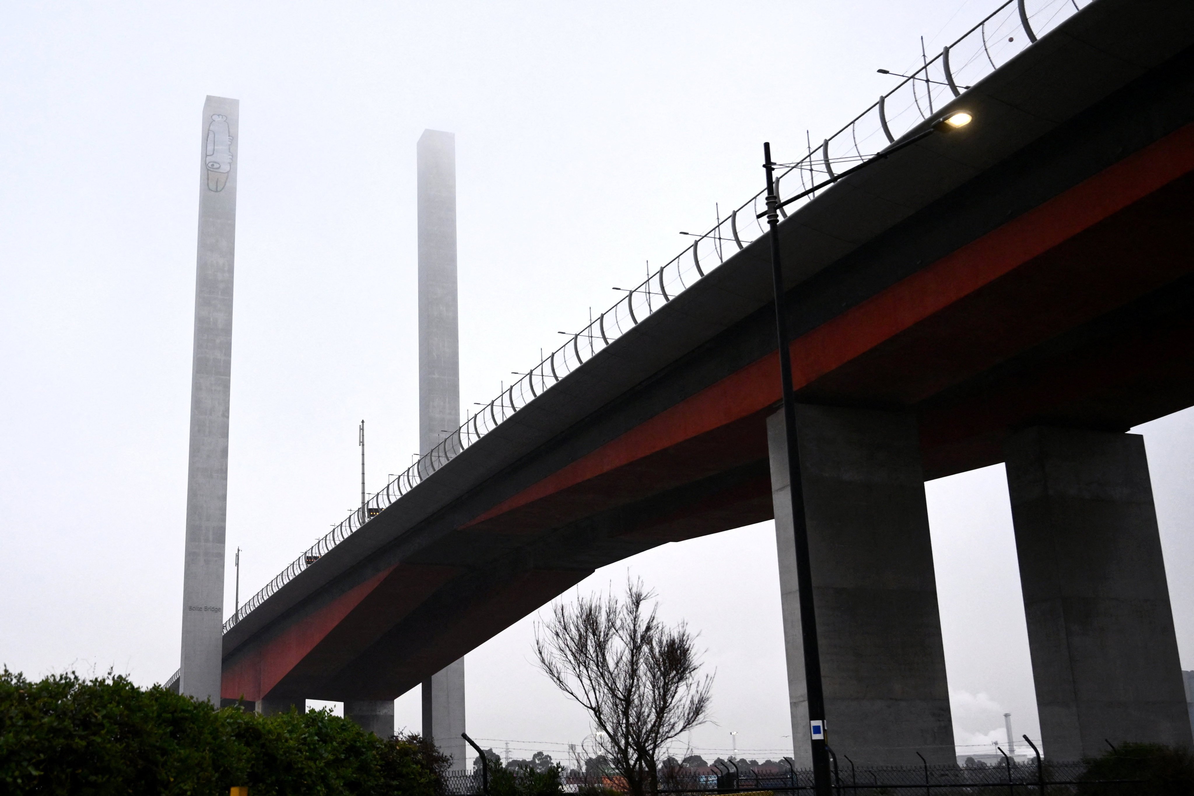 A Pam the Bird graffiti tag is seen on the eastern pylon of the Bolte Bridge in Melbourne on Tuesday. Photo: AP
