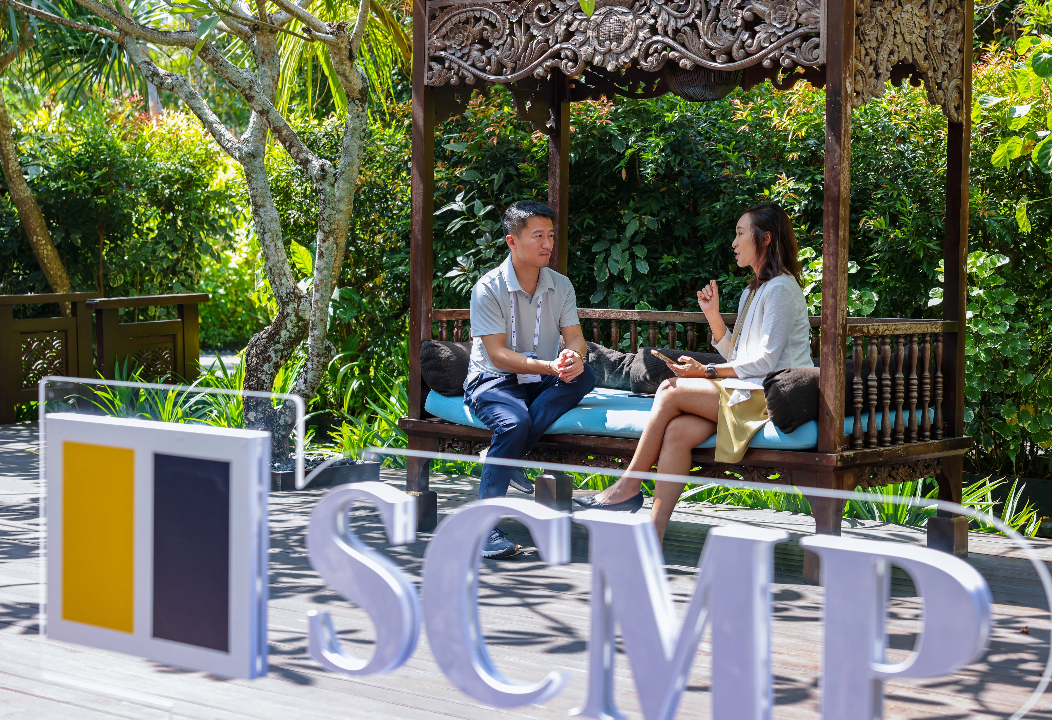 Black Lake’s Zhou speaks to the SCMP's Natalie Wong at the Nusa Dua Forum in Bali. Photo: Nora Tam