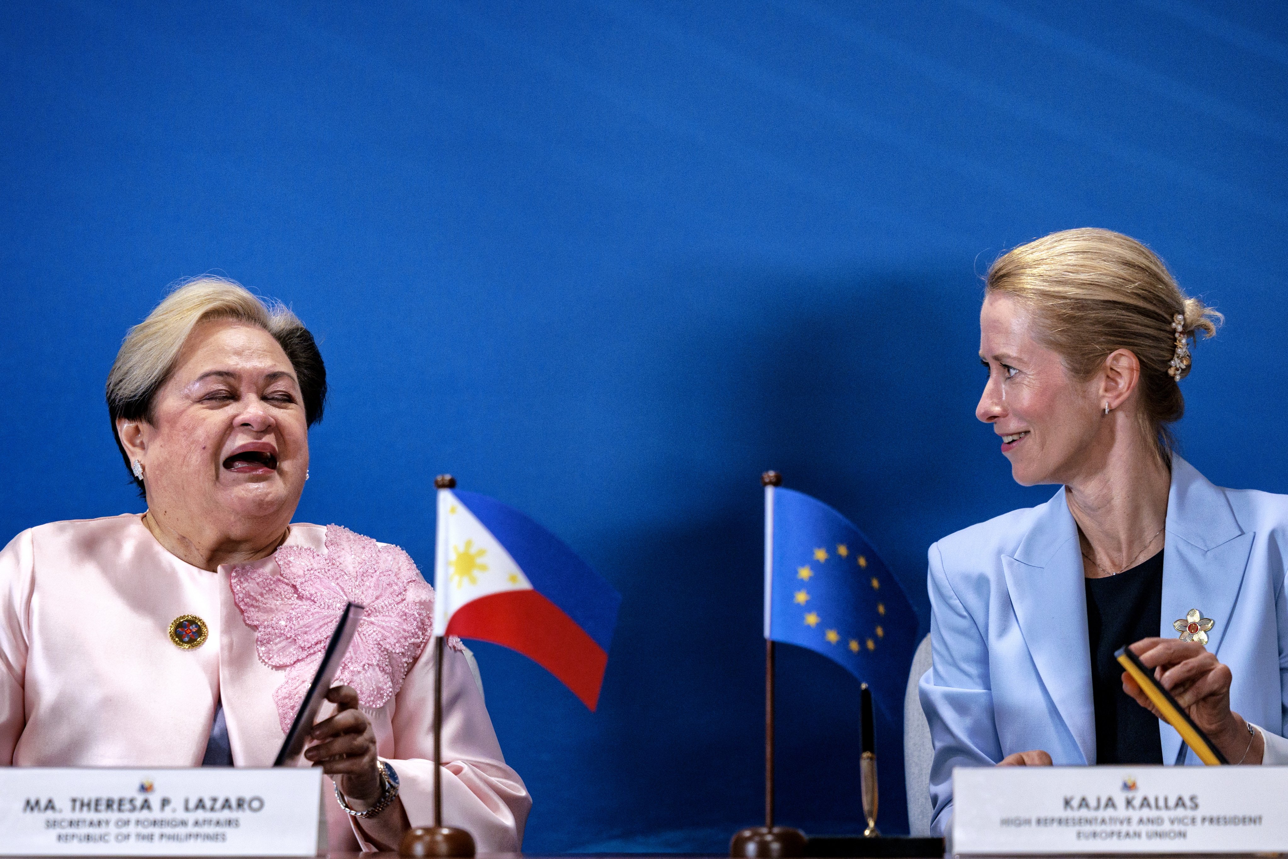 Philippines Foreign Secretary Theresa Lazaro (left) and EU European Commission Vice-President Kaja Kallas sign the Enhanced Partnership between the Philippines and the European Union on the sidelines of the Asean foreign ministers’ meeting in Pasay City on Friday. Photo: EPA