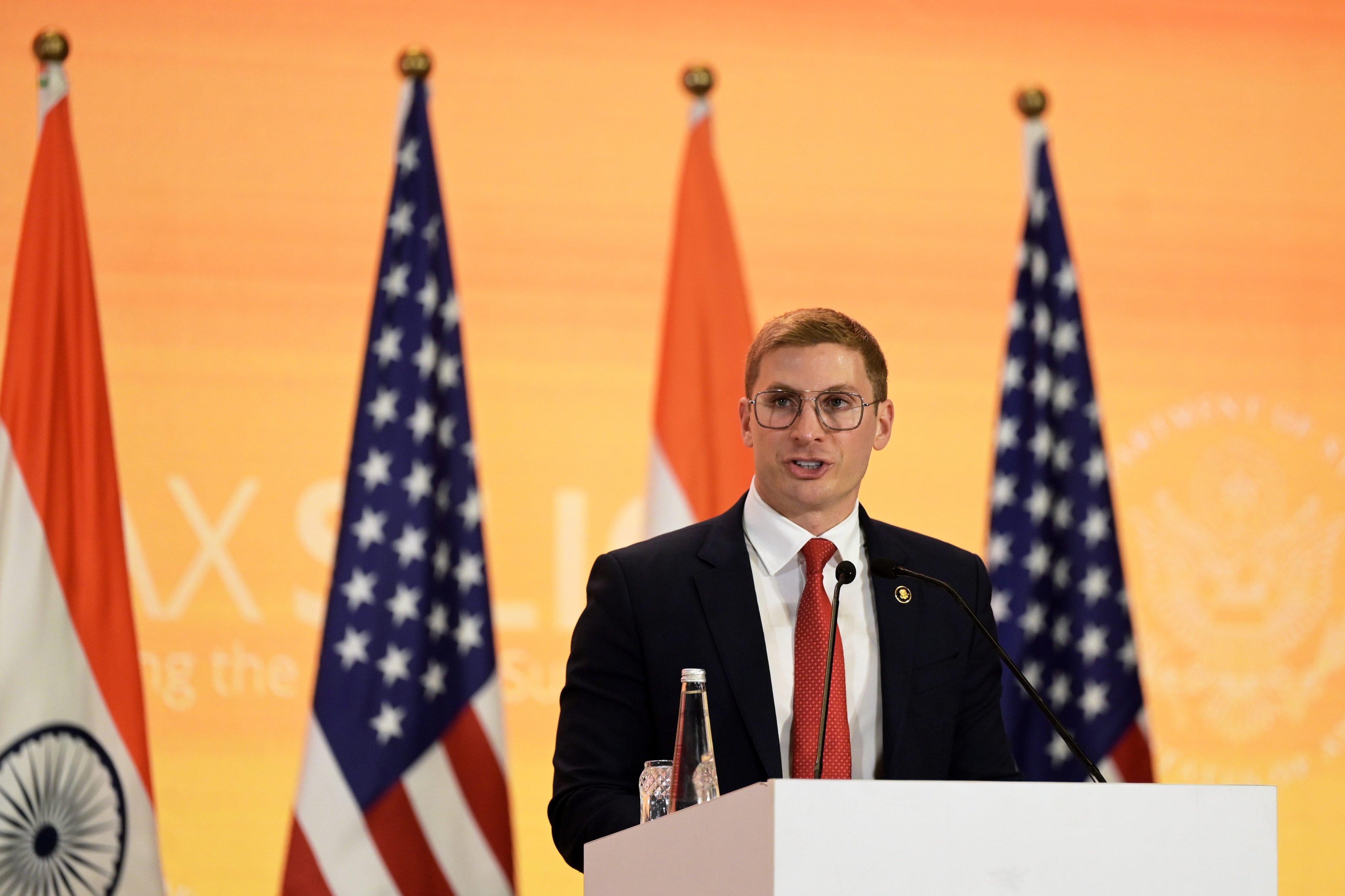 Undersecretary of State for Economic Affairs Jacob Helberg speaks at the AI Impact Summit in New Delhi, India, in February 2026. Photo: AP