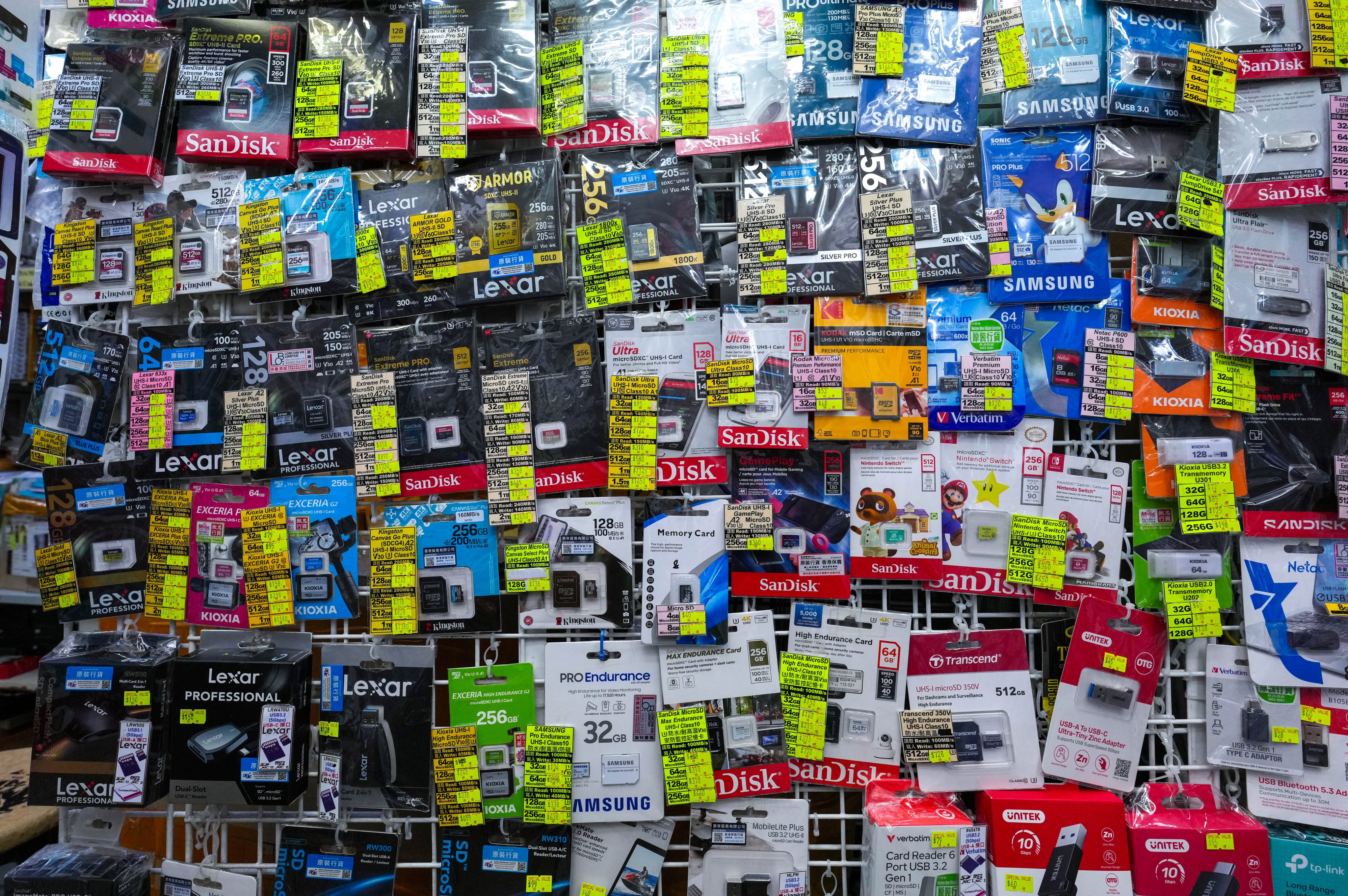 Memory cards for sale at a Mong Kok shop. Hong Kong exports rose by 53.4 per cent in June, driven by demand for electronic products supporting AI. Photo: Jelly Tse
