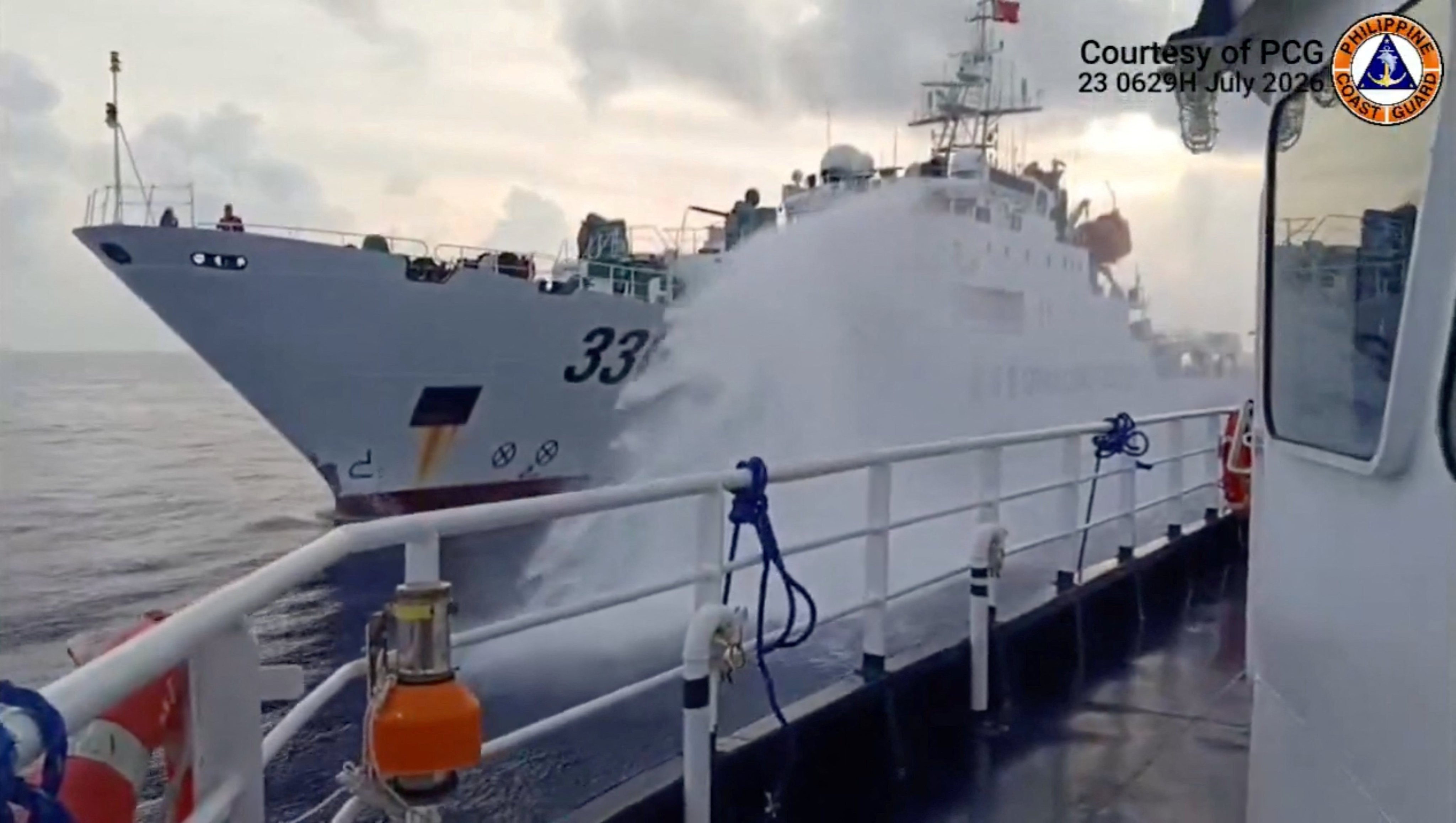 A Chinese coastguard ship fires a water cannon at a Philippine vessel, supposedly in the South China Sea, in this video screengrab released last Thursday. Photo: Jay Tarriela/X/Reuters