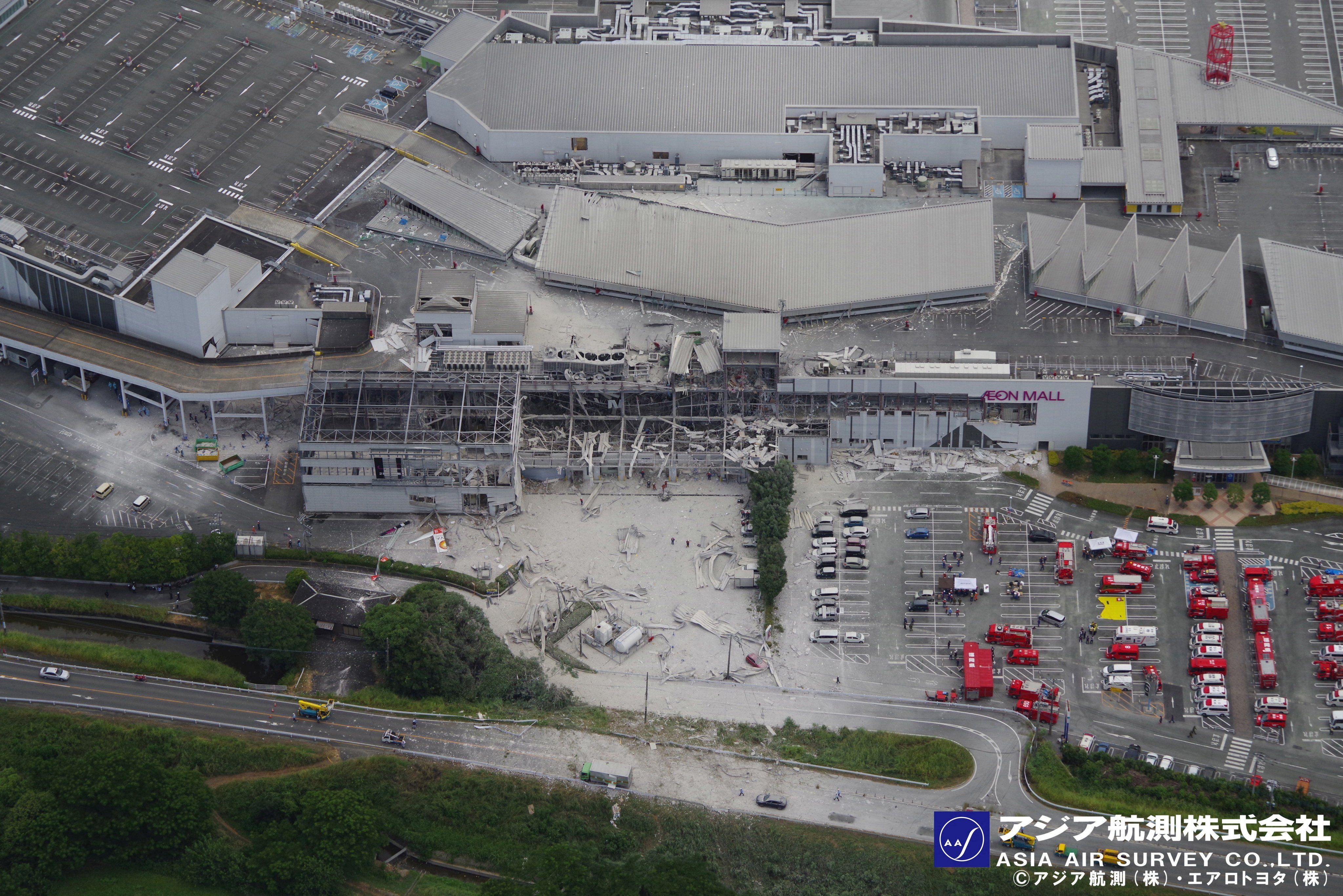 An aerial view shows destruction at Aeon Mall Kumamoto on Wednesday. Photo: Asia Air Survey & Aero Toyota/Reuters