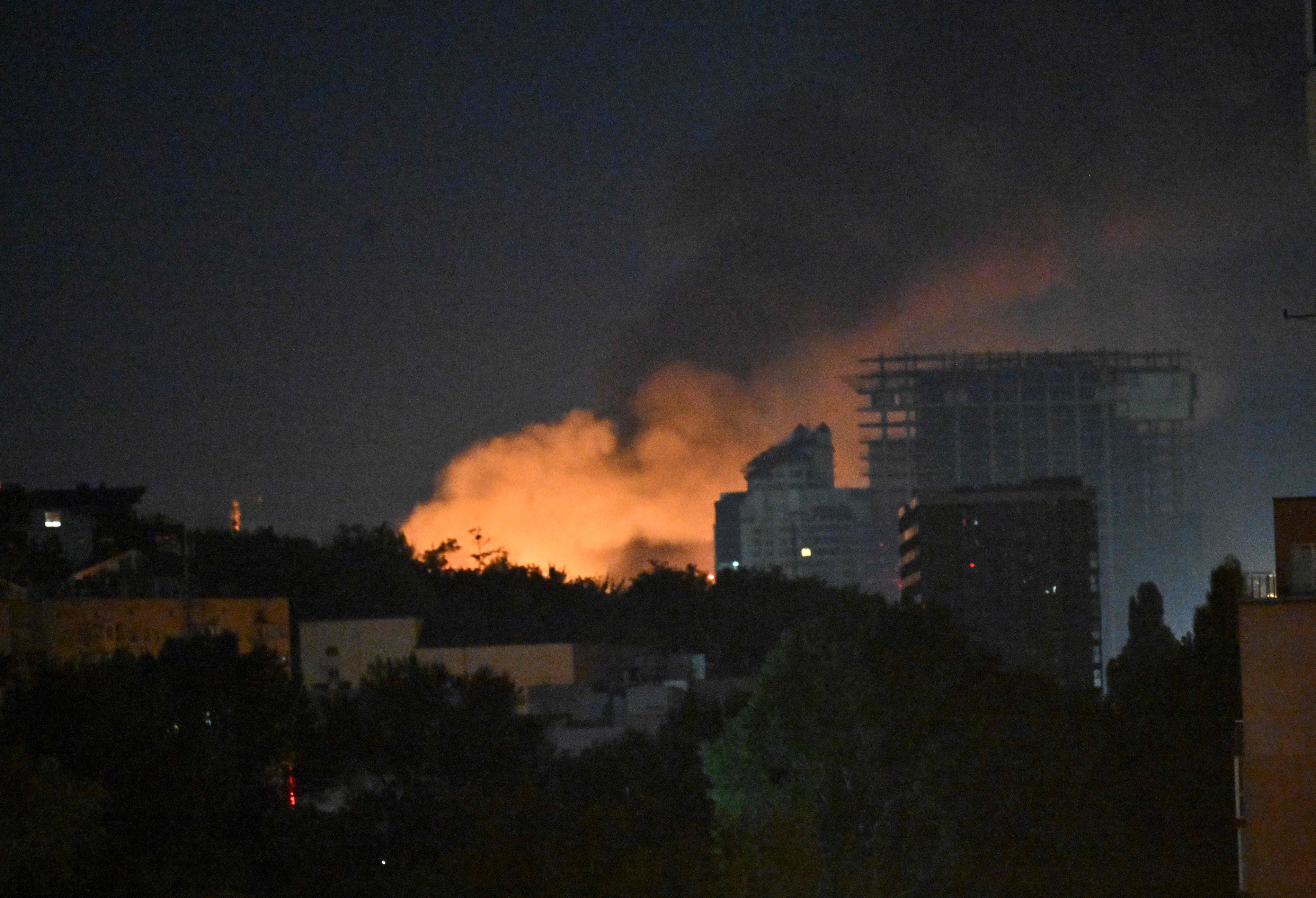 A fire erupts after massive Russian ballistic missile strikes in the Ukrainian capital of Kyiv on Saturday. Photo: AFP