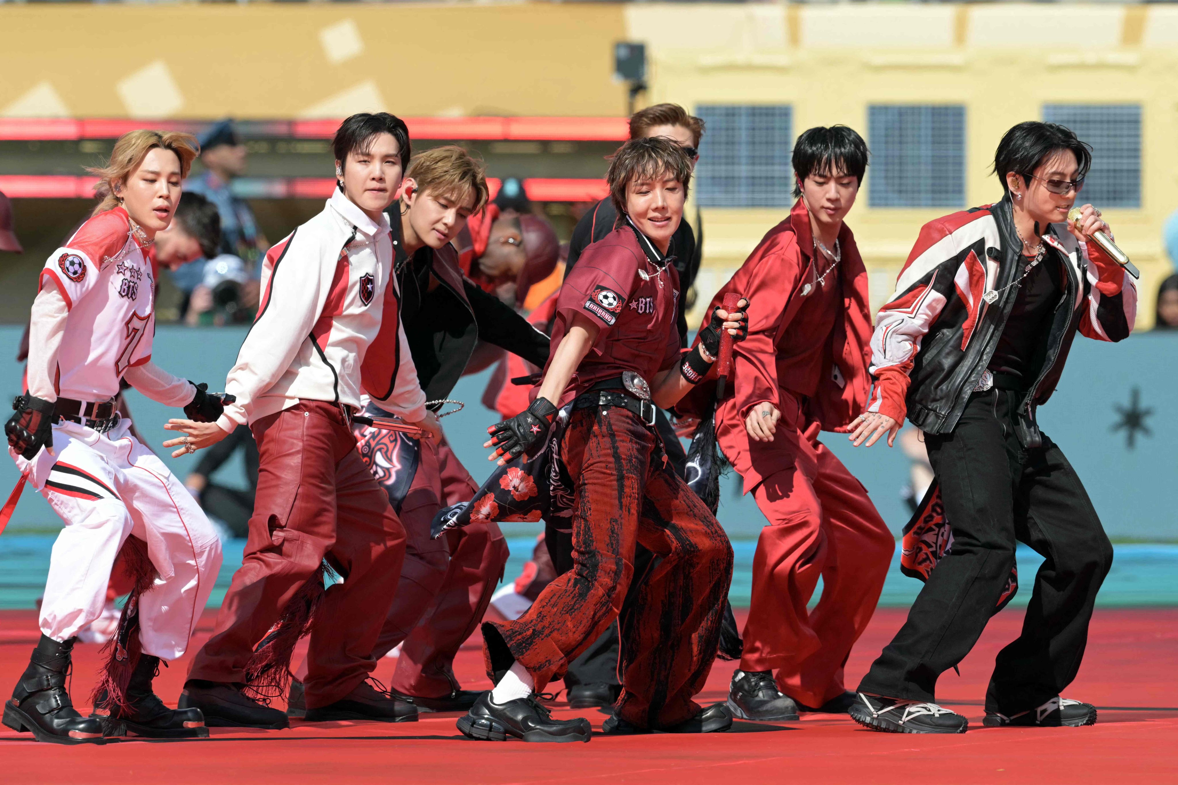 K-pop band BTS performs during the World Cup final match between Spain and Argentina at the New York/New Jersey Stadium in East Rutherford on July 19. Photo: AFP