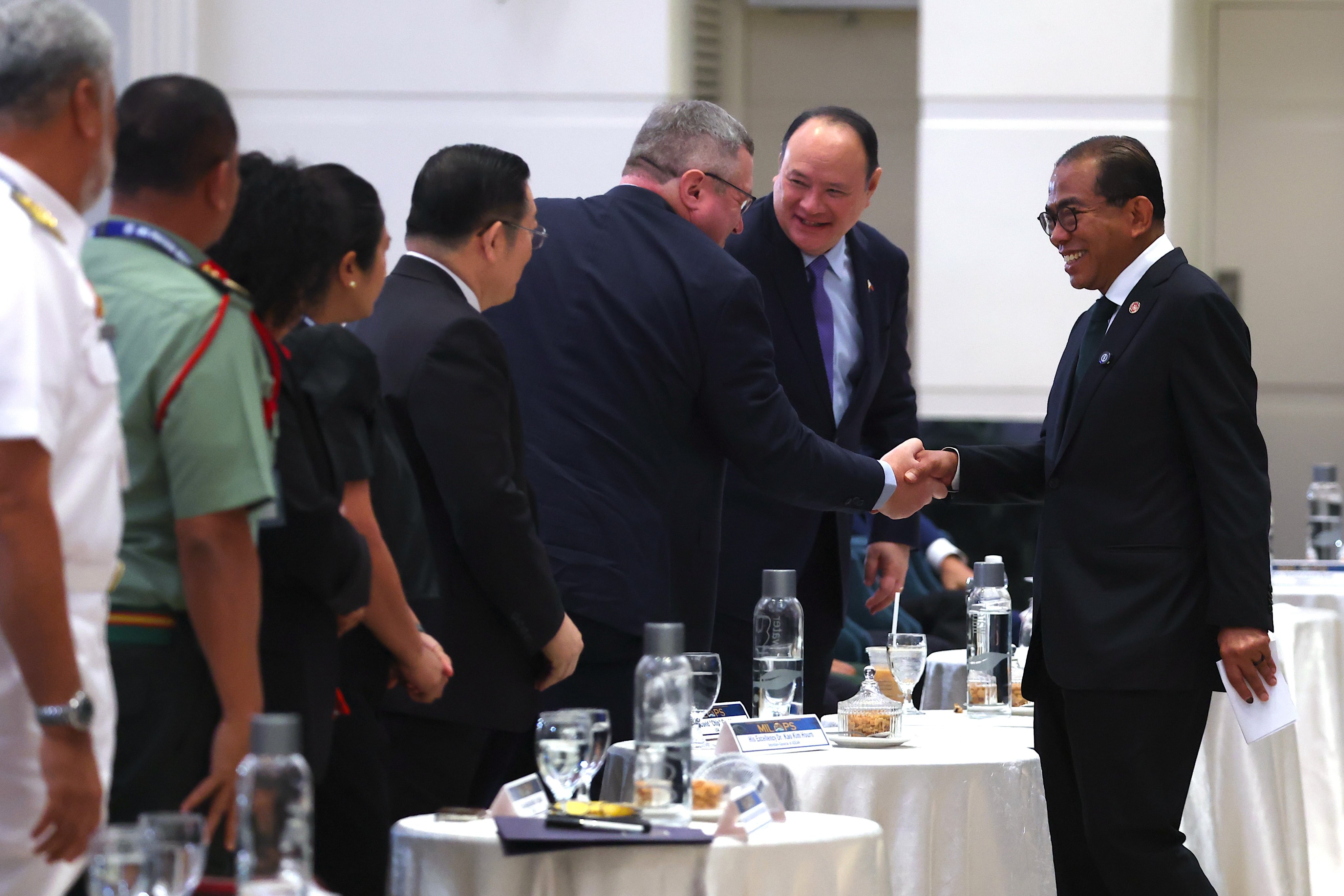 Malaysia’s Defence Minister Khaled Nordin (right) at the 37th International Military Law and Operations Conference in Kuala Lumpur, Malaysia, on Monday. Photo: EPA