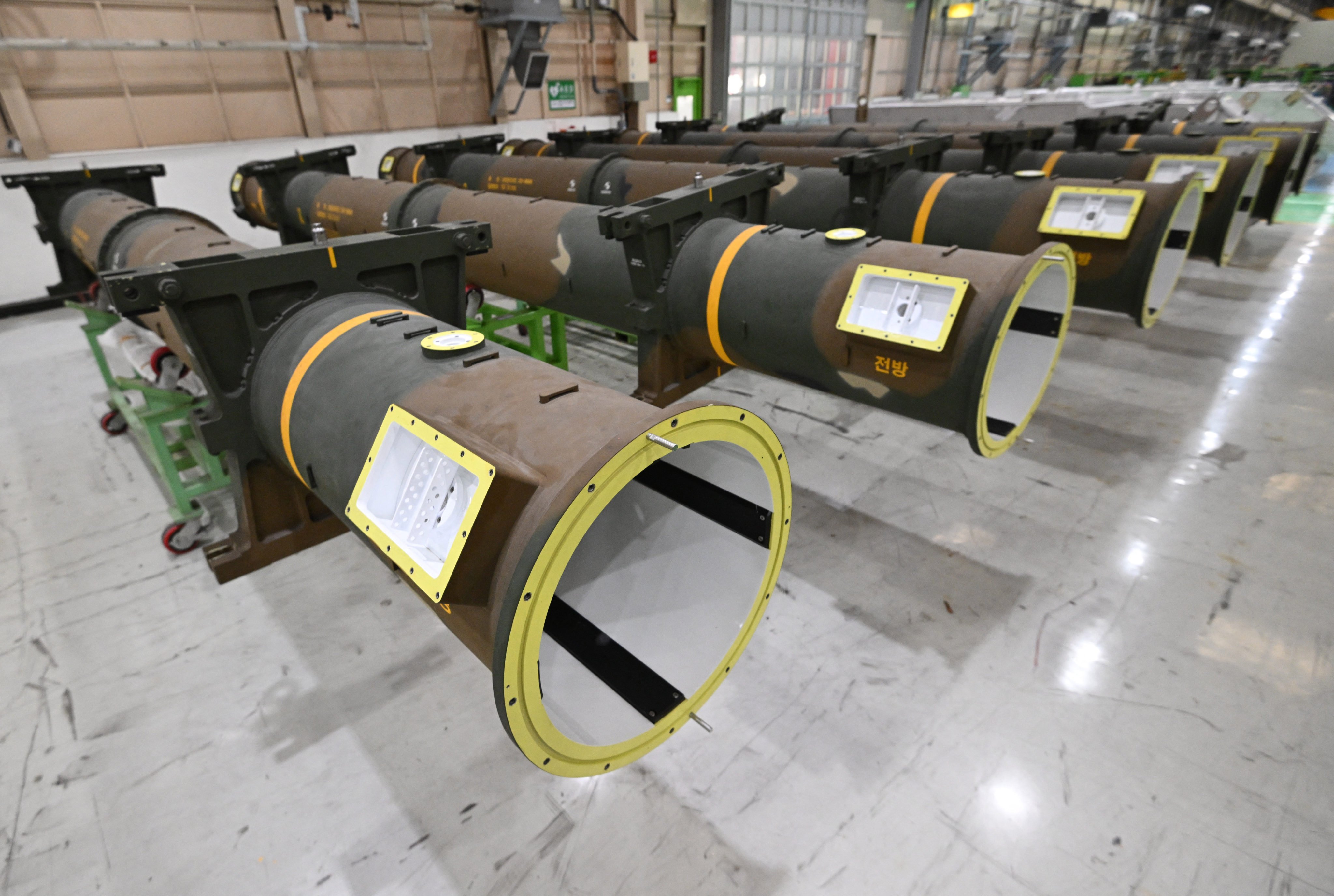 Launch tubes of Cheongung surface-to-air missile system seen at Hanwha Aerospace factory in Changwon. Photo: AFP