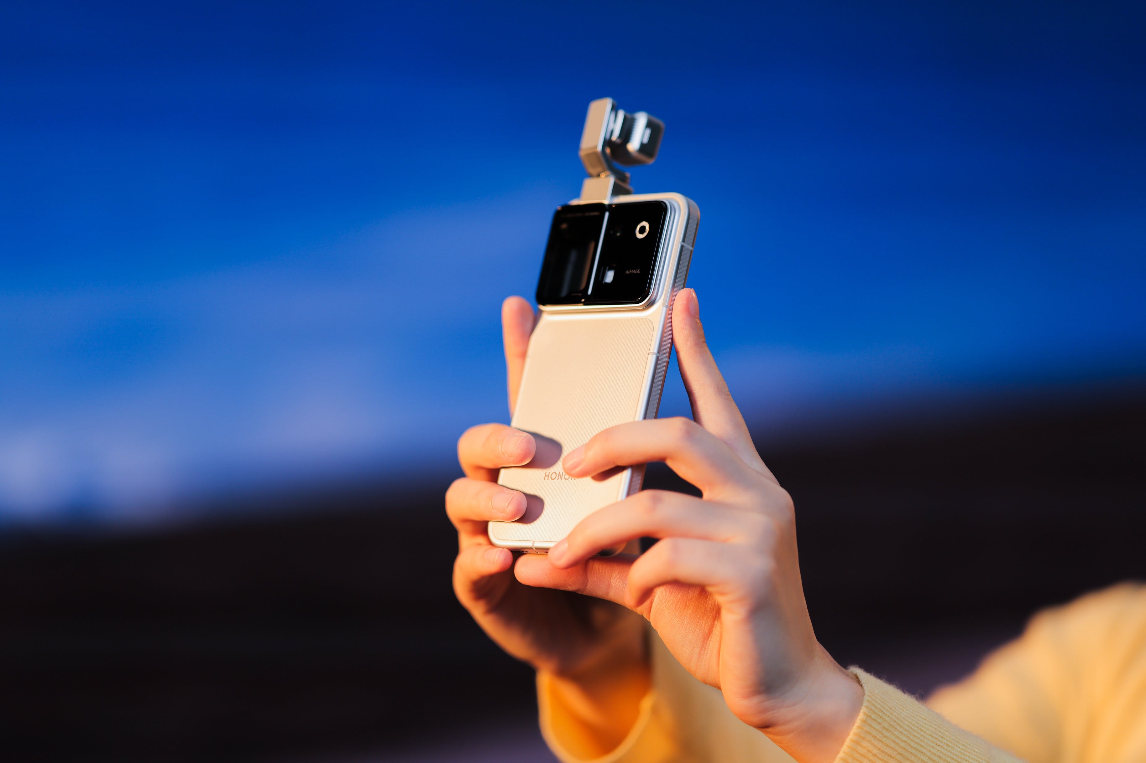 Chinese smartphone maker Honor has launched the Robot Phone, a handset with a motorised, fold-out gimbal camera. Photo: Handout