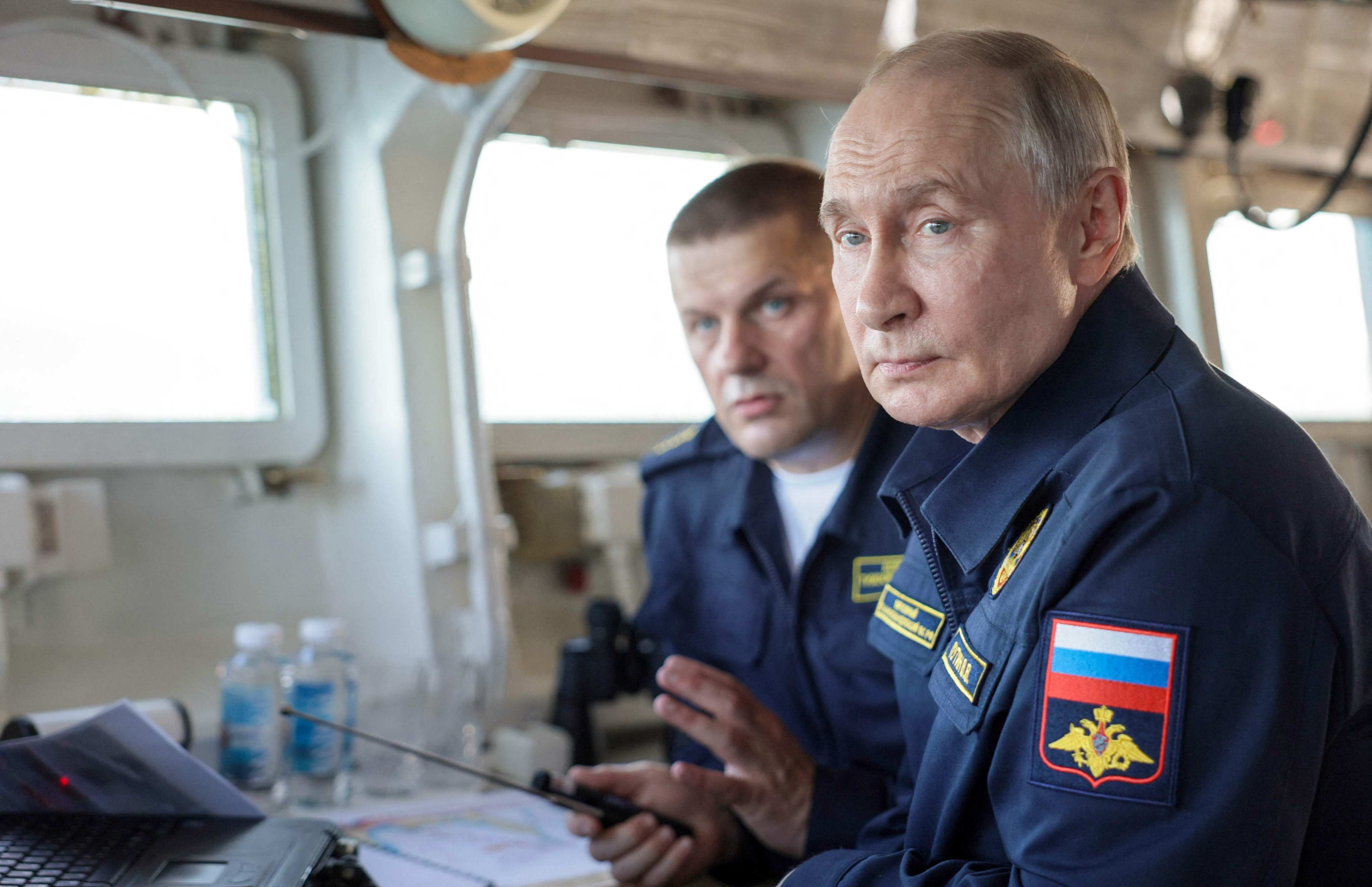 Russia’s President Vladimir Putin oversees the final stage of the Pacific Fleet’s naval drills from on board a Russian Navy ship off the far eastern Sakhalin Island on Wednesday. Photo: AFP